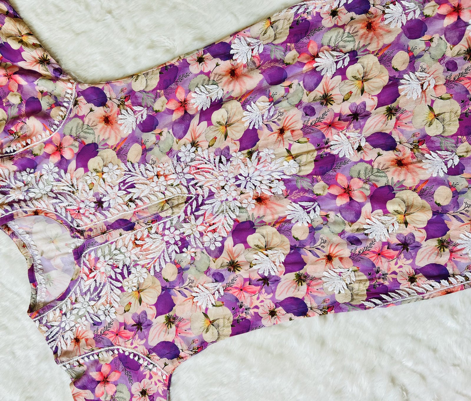 Tina Purple Printed Rayon Kurta with White Chikankari