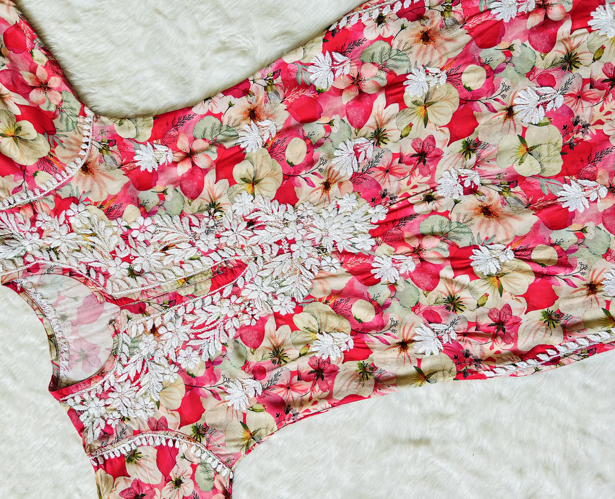 Tina Red Printed Rayon Kurta with White Chikankari