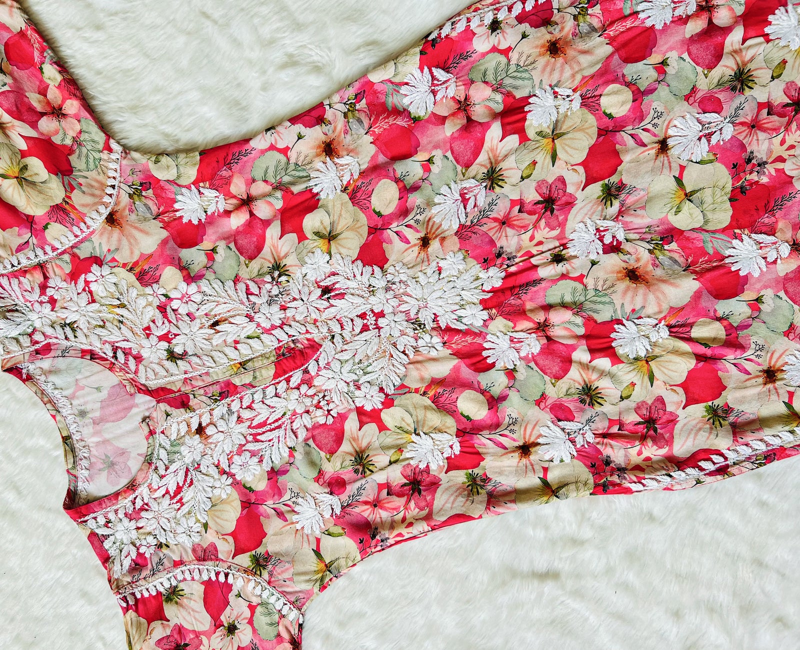 Tina Red Printed Rayon Kurta with White Chikankari