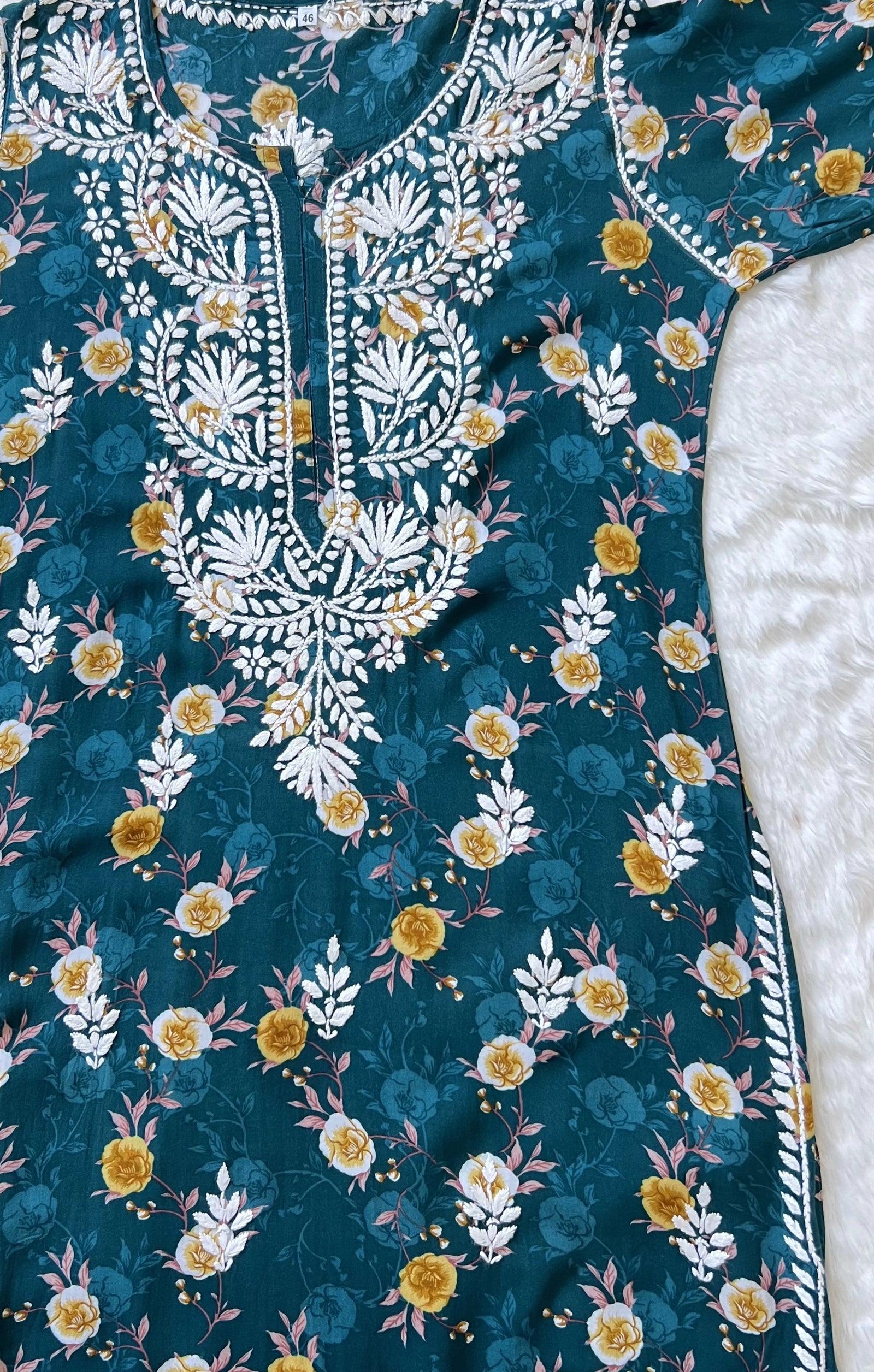 Turquoise Floral Long Rayon Chikankari Kurta