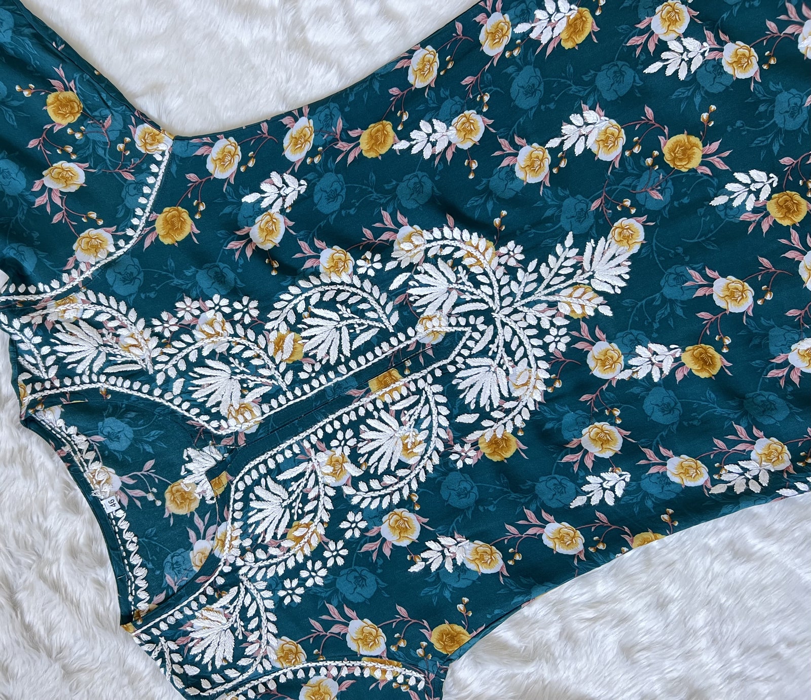 Turquoise Floral Long Rayon Chikankari Kurta