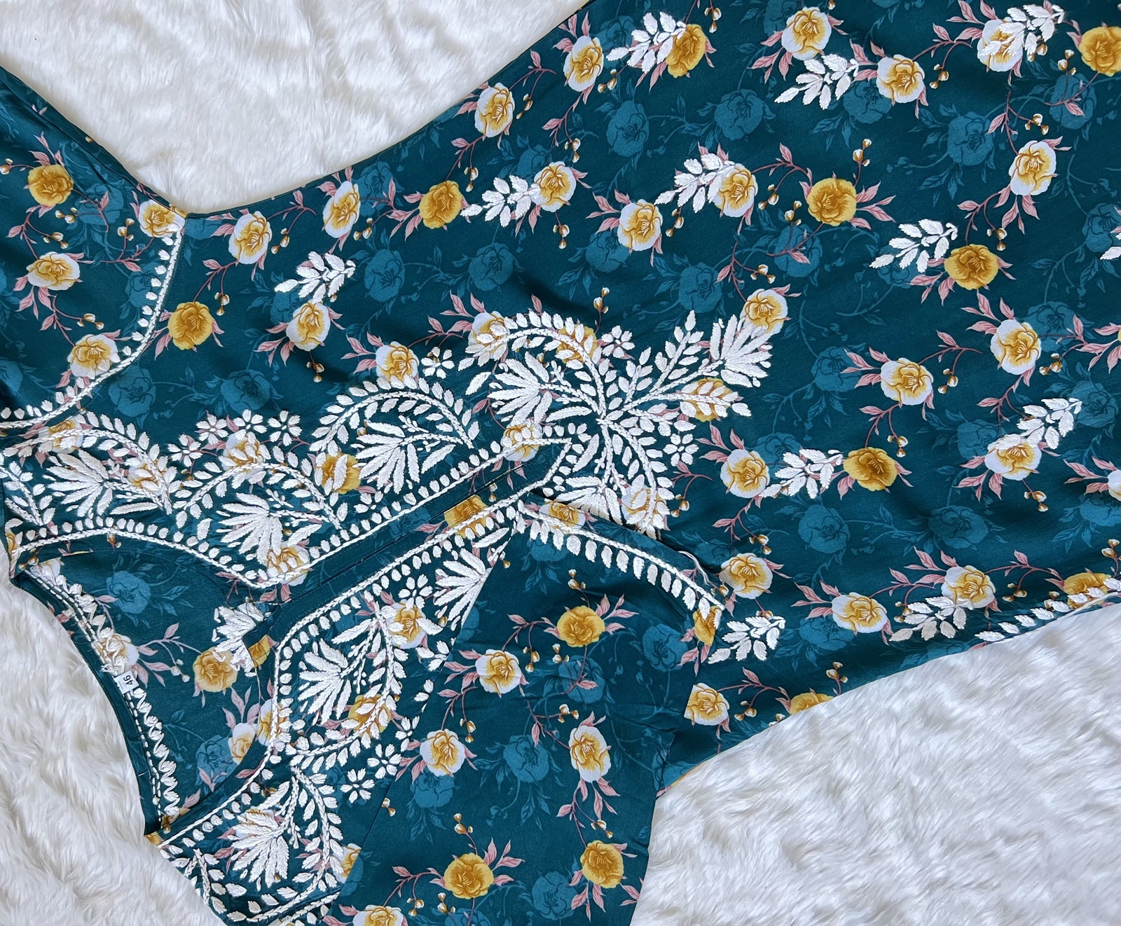 Turquoise Floral Long Rayon Chikankari Kurta