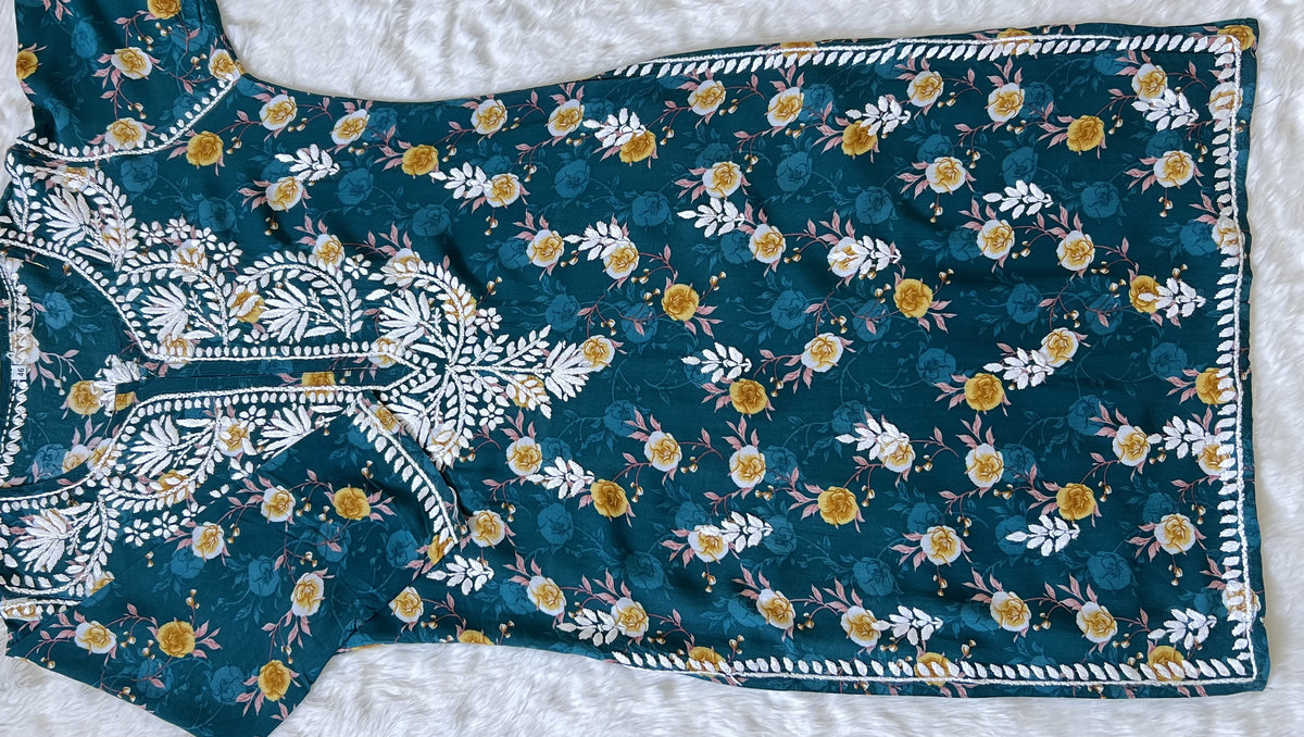 Turquoise Floral Long Rayon Chikankari Kurta