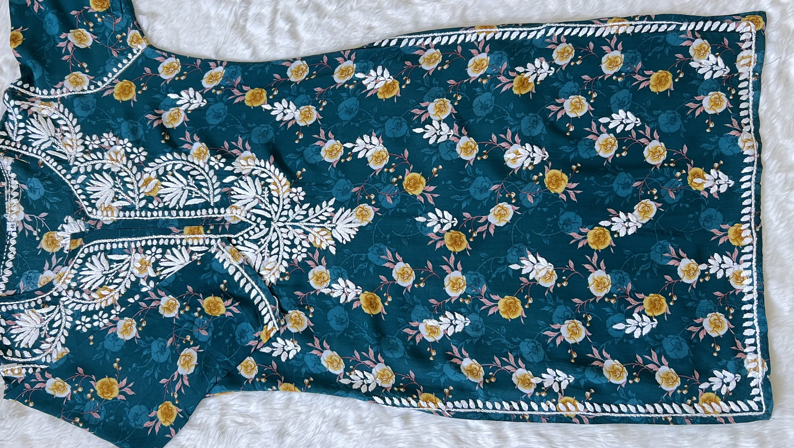 Turquoise Floral Long Rayon Chikankari Kurta
