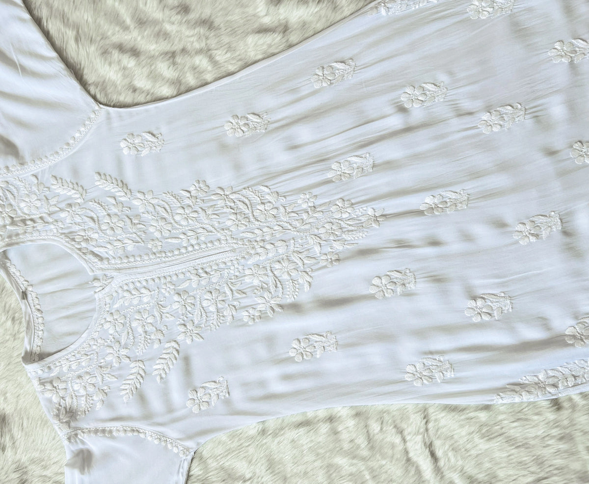 White Long Modal Kurta with Chikankari Handwork