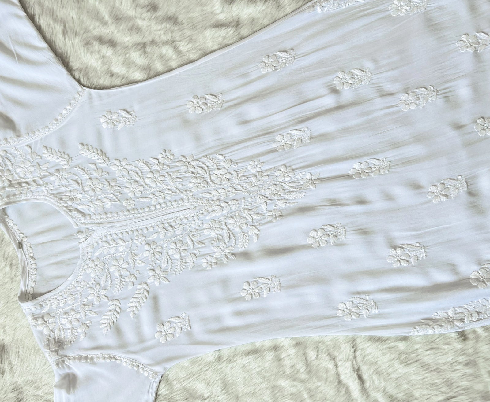 White Long Modal Kurta with Chikankari Handwork