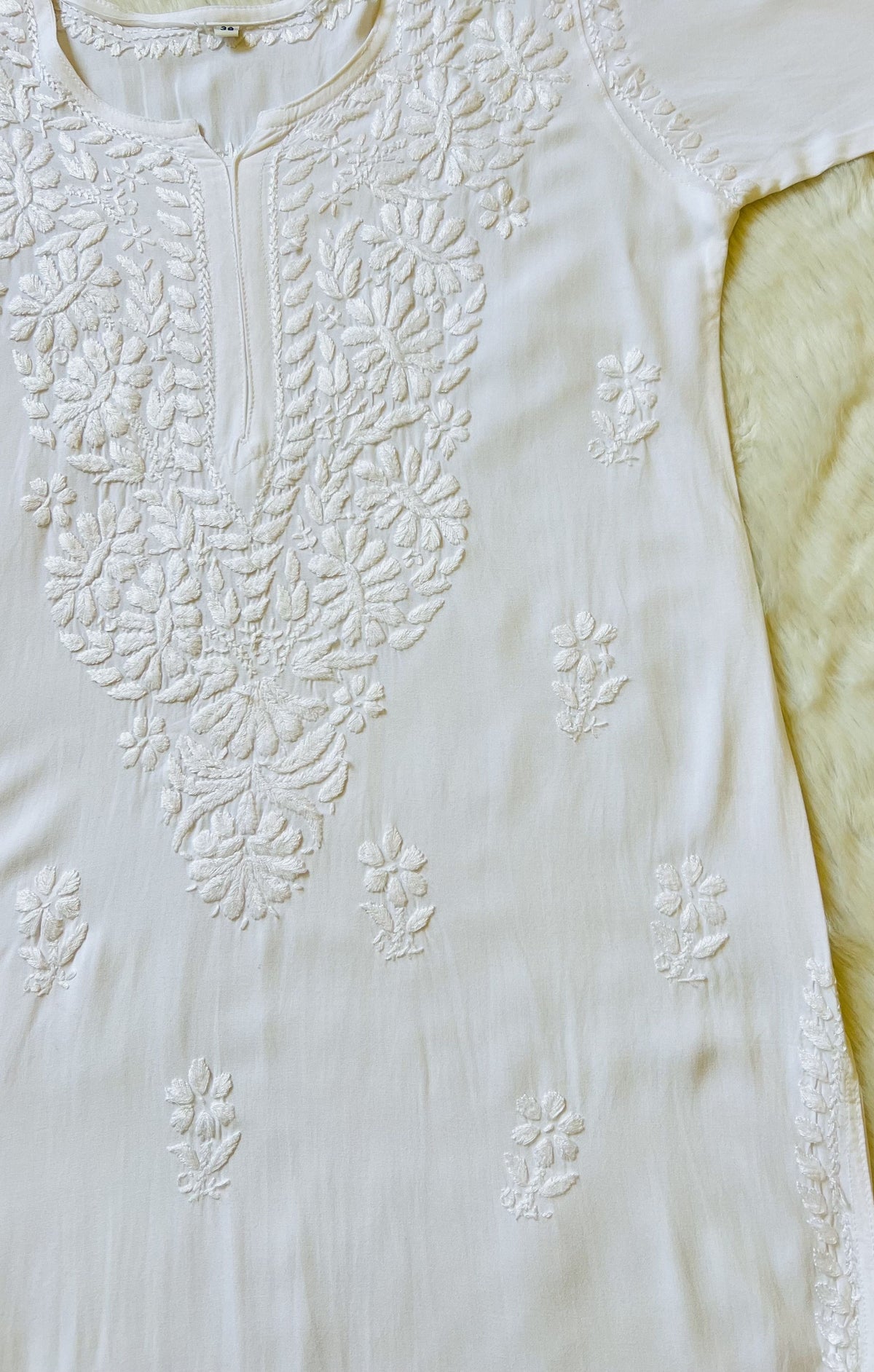 White Long Rayon Kurta with Self Chikankari