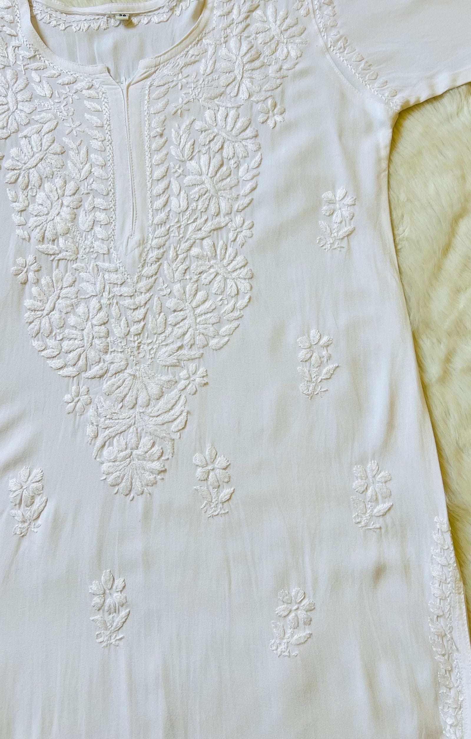 White Long Rayon Kurta with Self Chikankari
