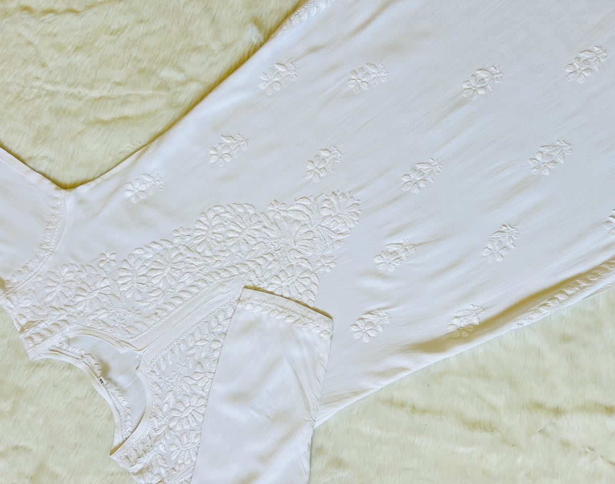 White Long Rayon Kurta with Self Chikankari