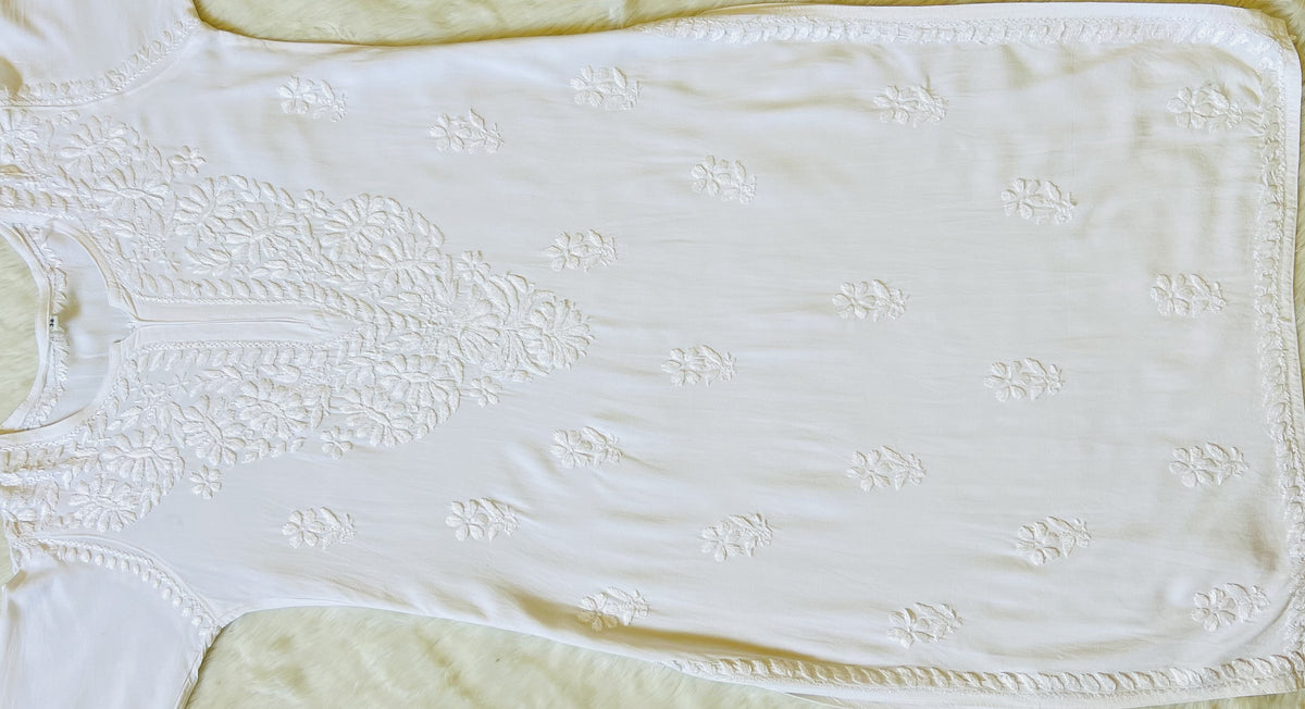 White Long Rayon Kurta with Self Chikankari