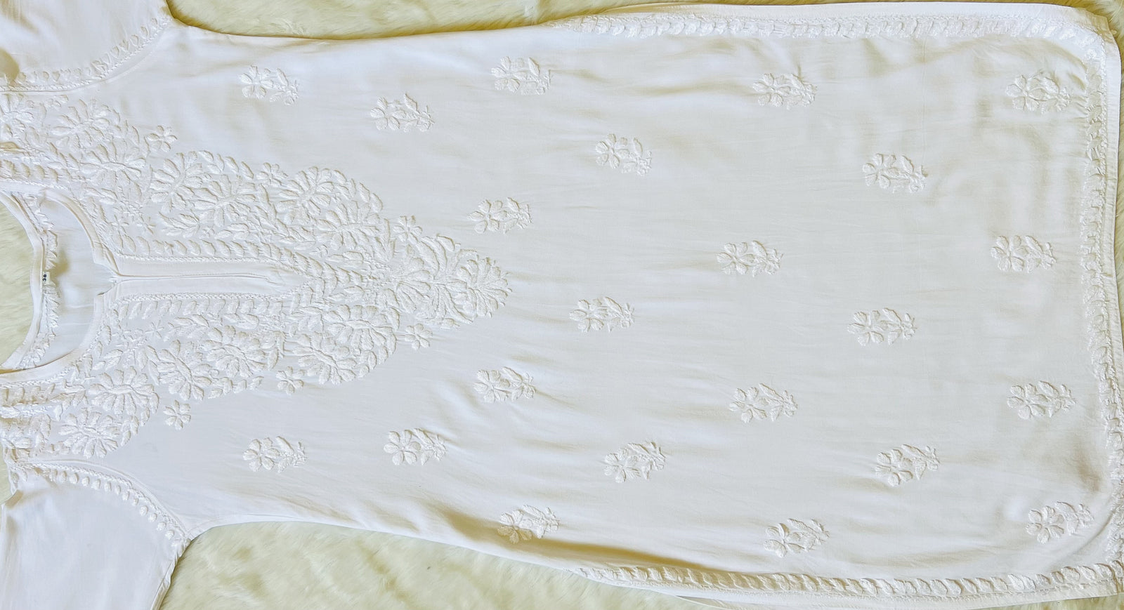 White Long Rayon Kurta with Self Chikankari