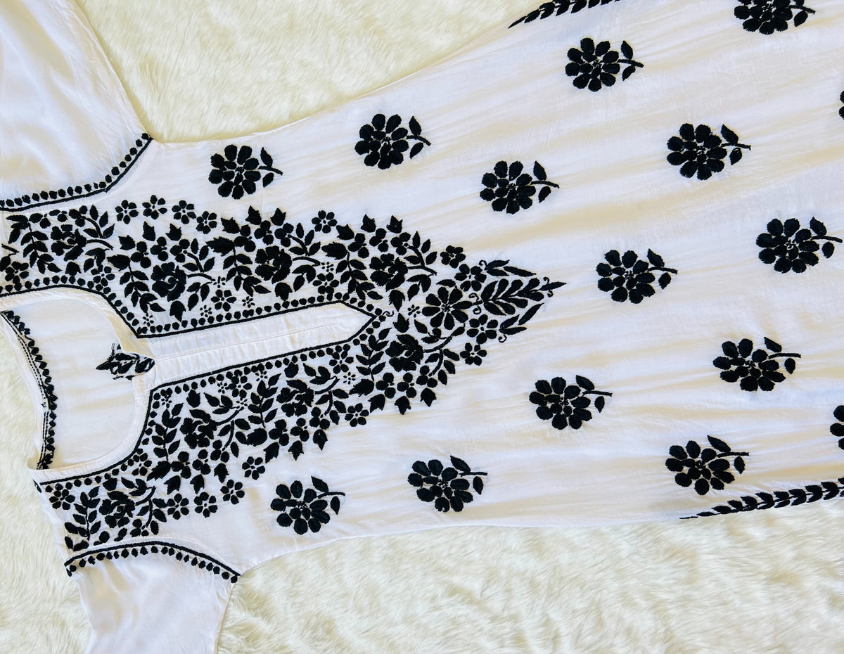 White Modal Kurta with Black Chikankari