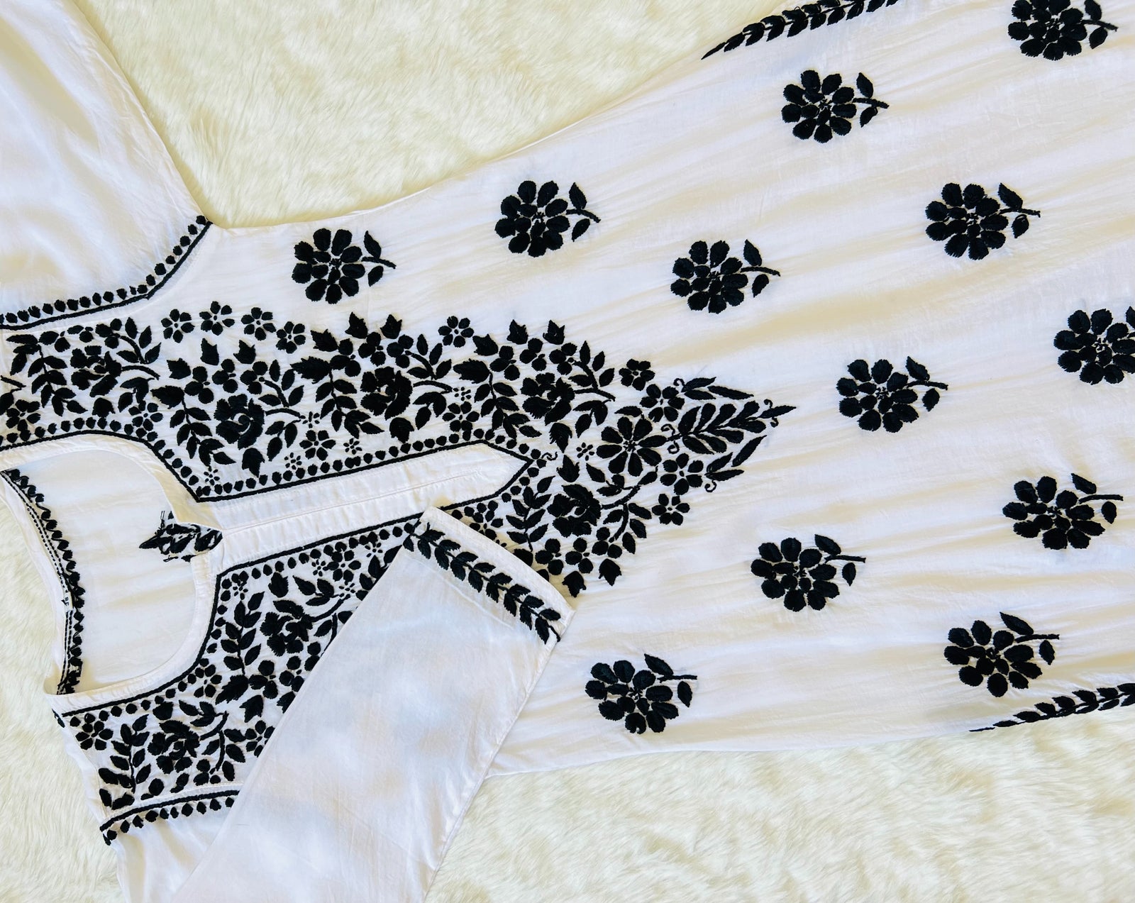 White Modal Kurta with Black Chikankari