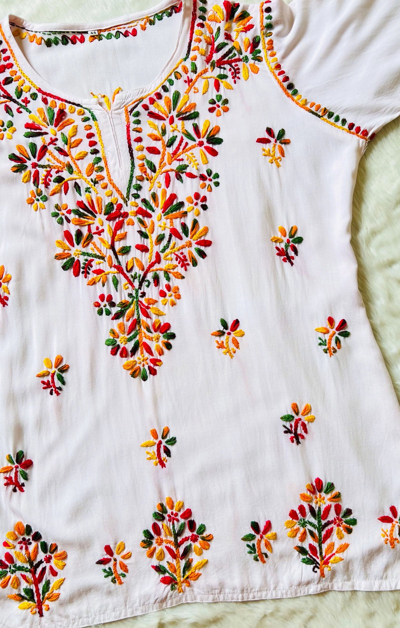 White Short Rayon Kurta with Multi Colour Chikankari