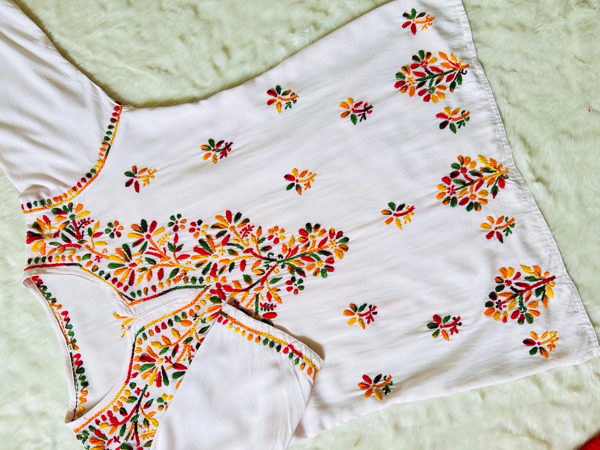 White Short Rayon Kurta with Multi Colour Chikankari