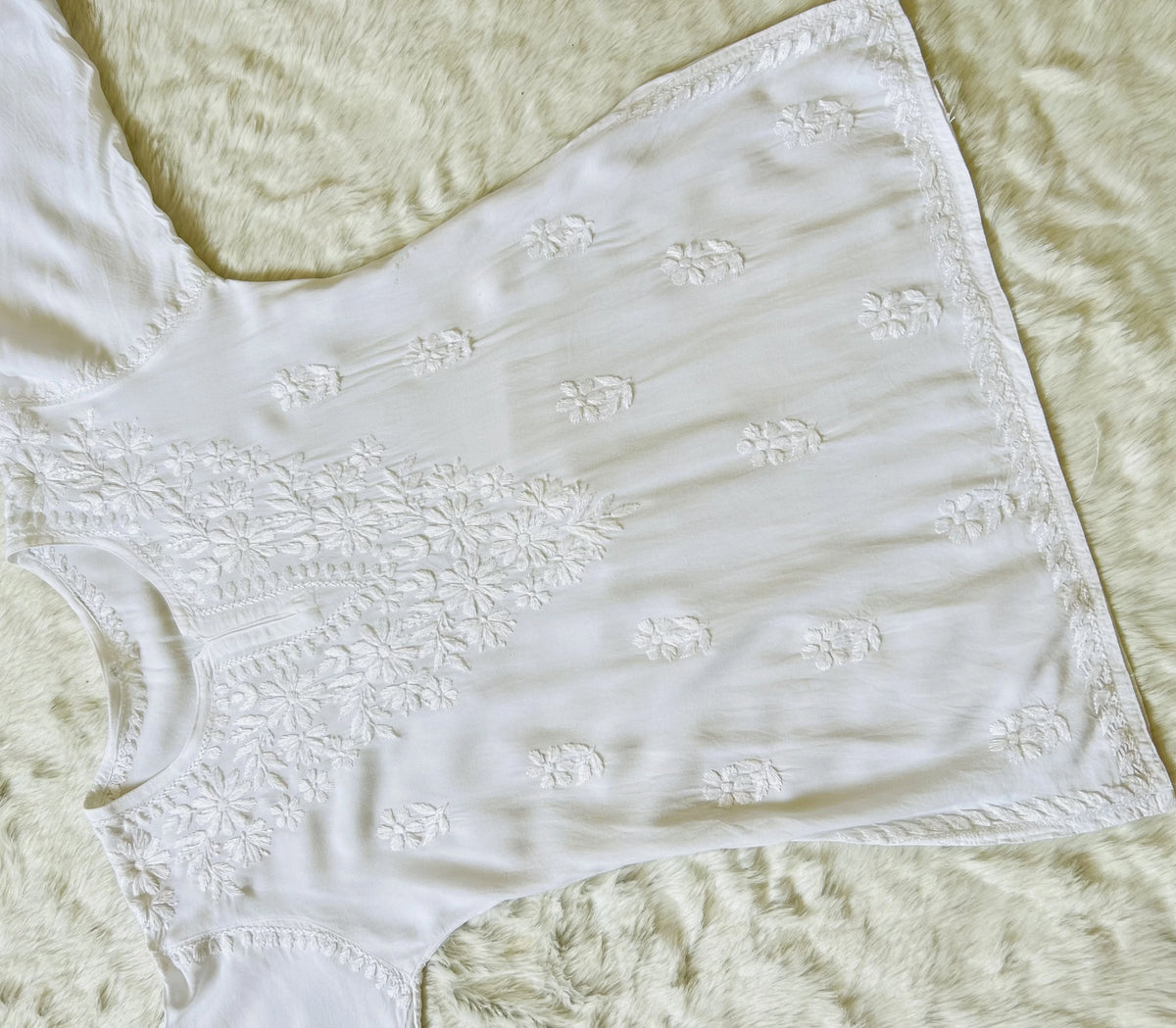 White Short Rayon Kurta with Self Chikankari
