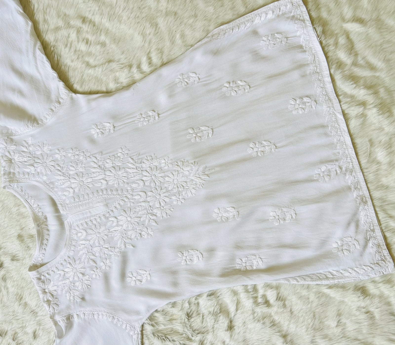 White Short Rayon Kurta with Self Chikankari
