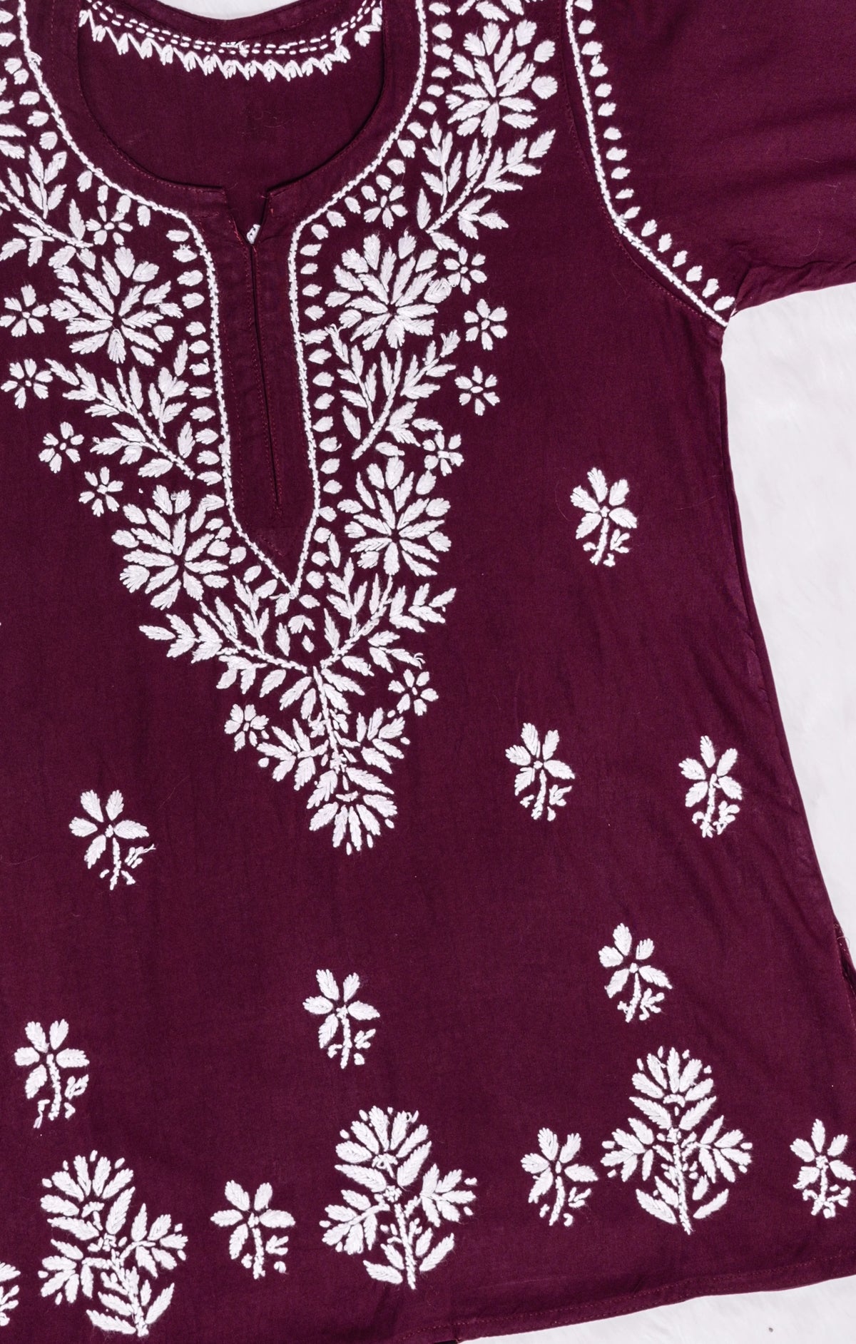 Wine Short Rayon Kurta with White Chikankari