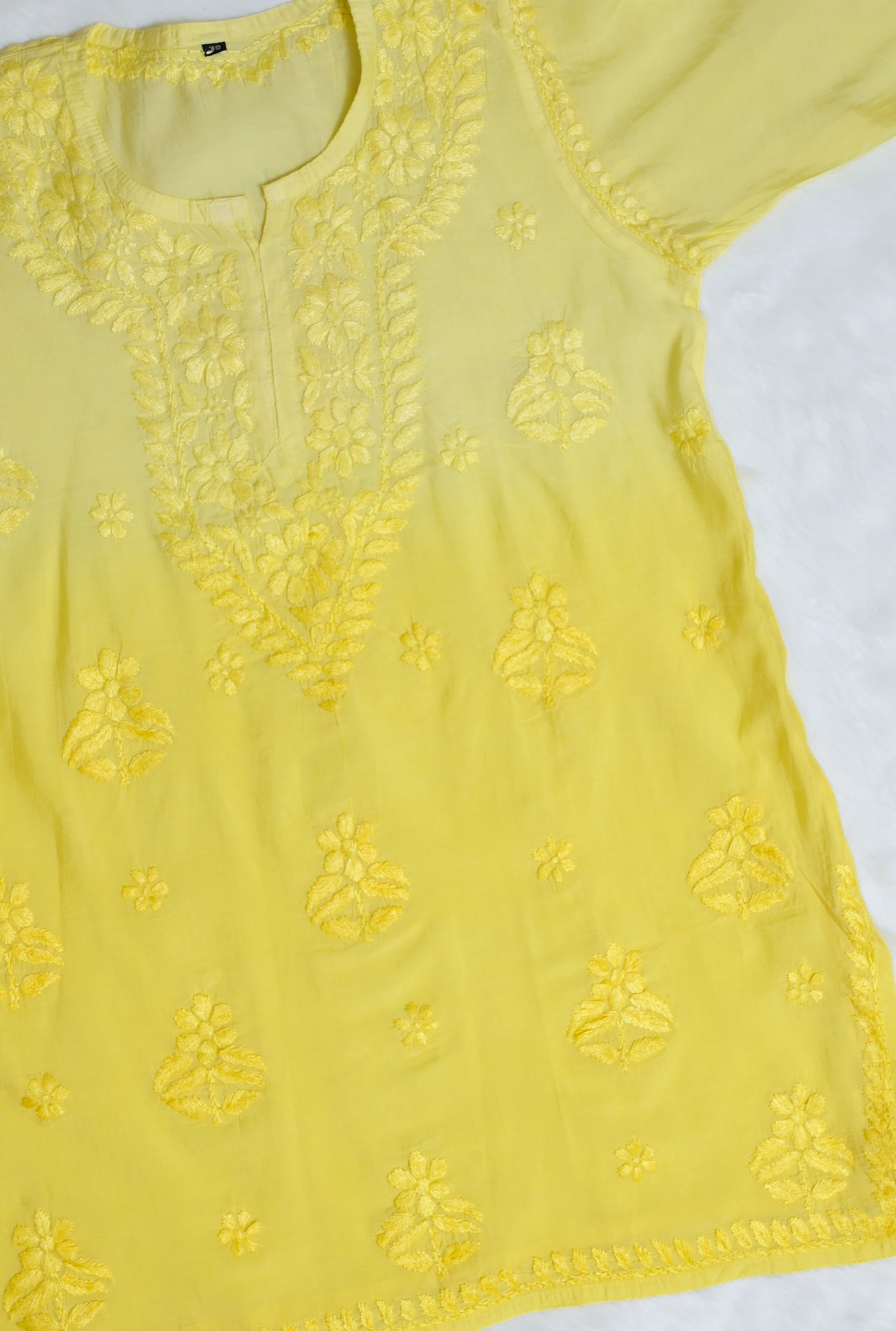 Yellow Chanderi Short Chikankari Kurta