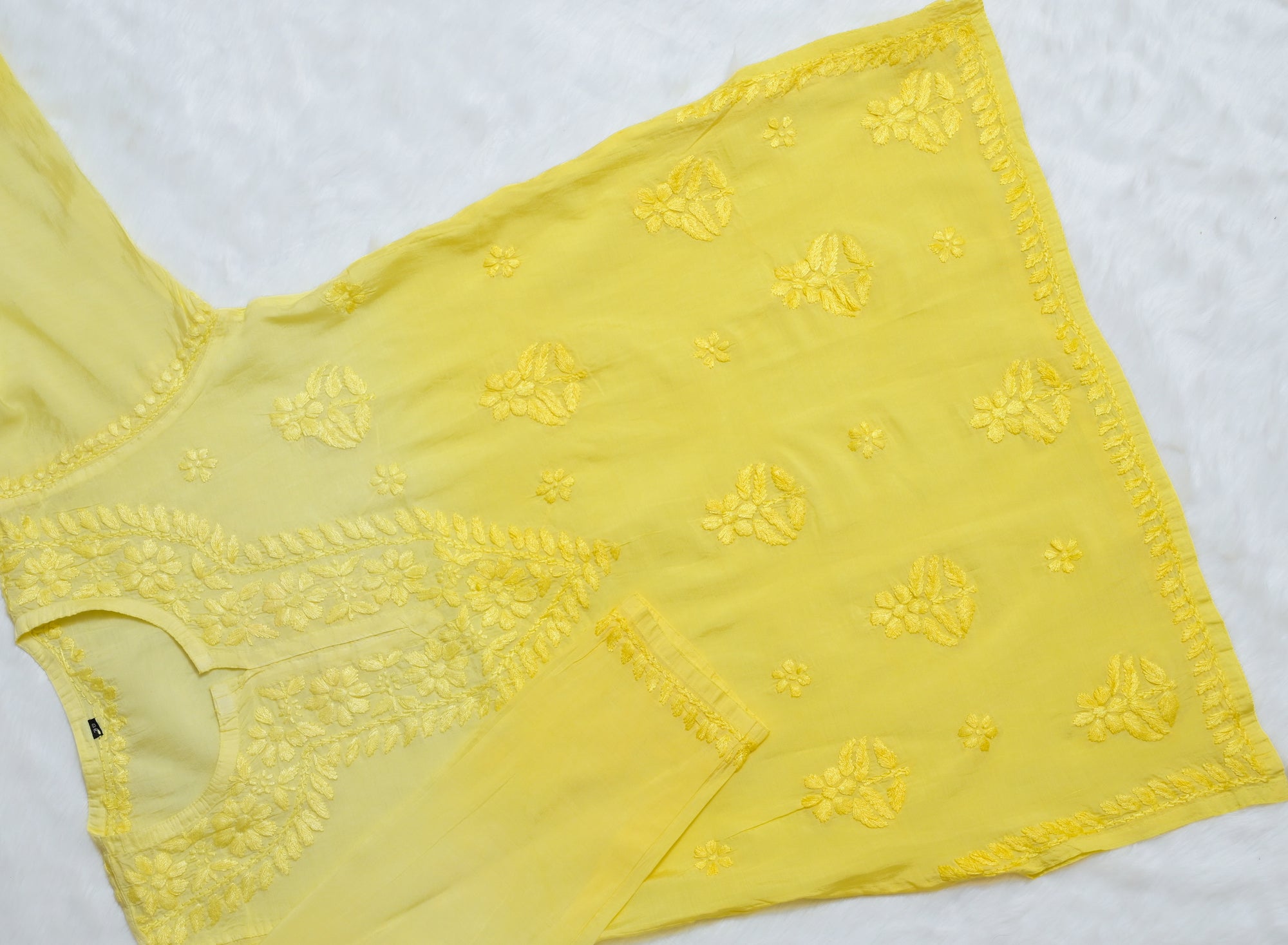 Yellow Chanderi Short Chikankari Kurta