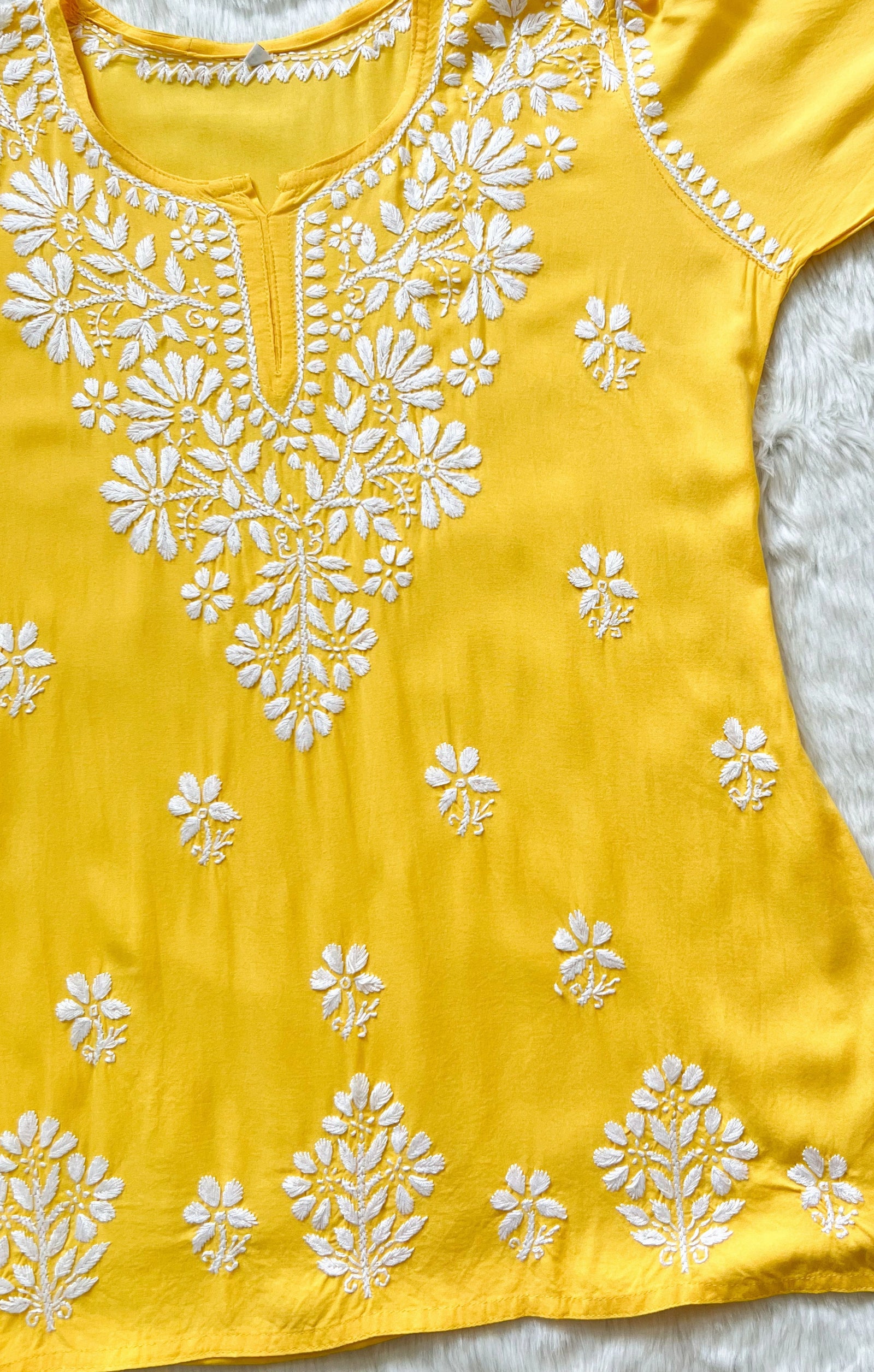 Yellow Short Rayon Kurta with White Chikankari