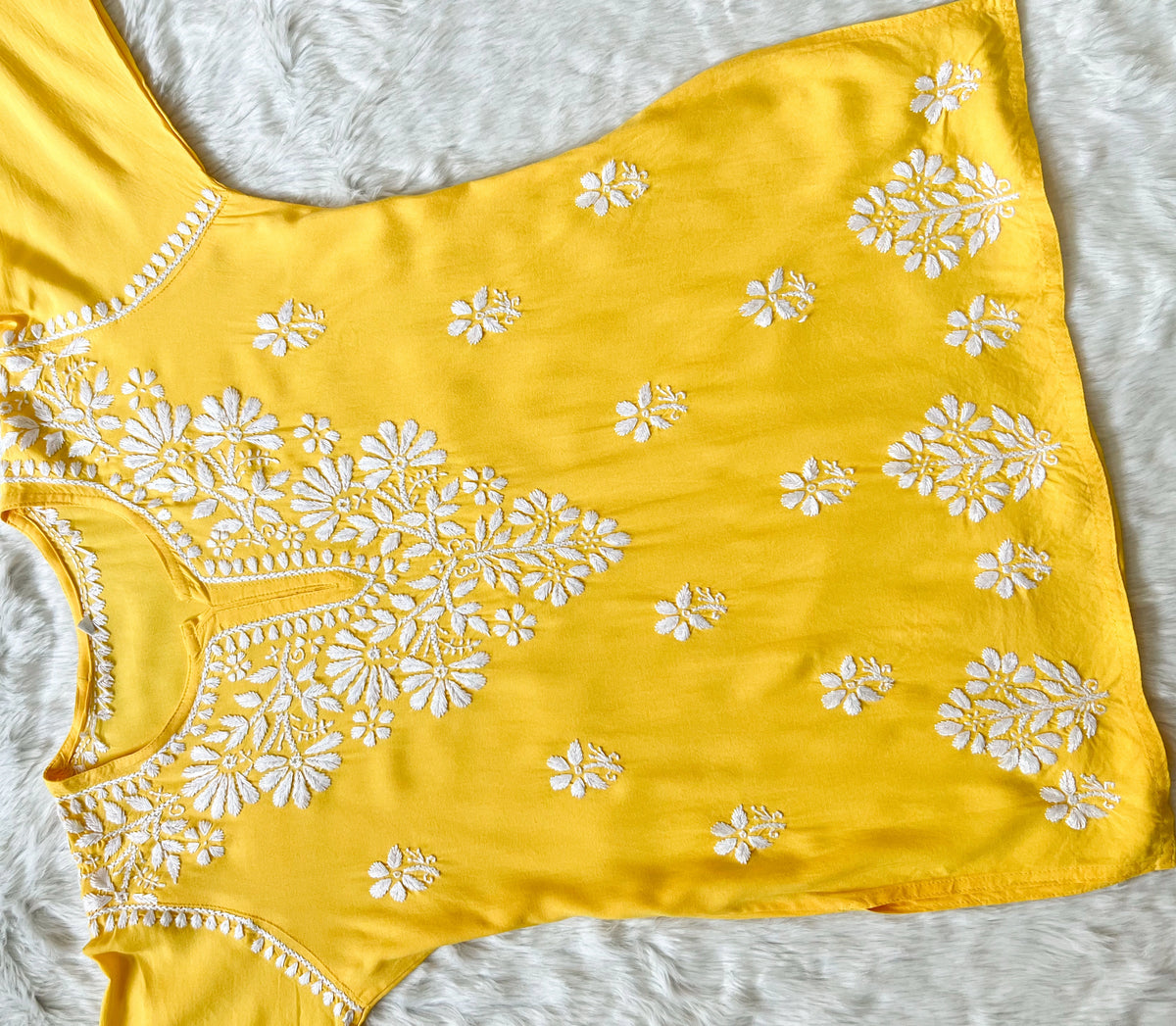 Yellow Short Rayon Kurta with White Chikankari
