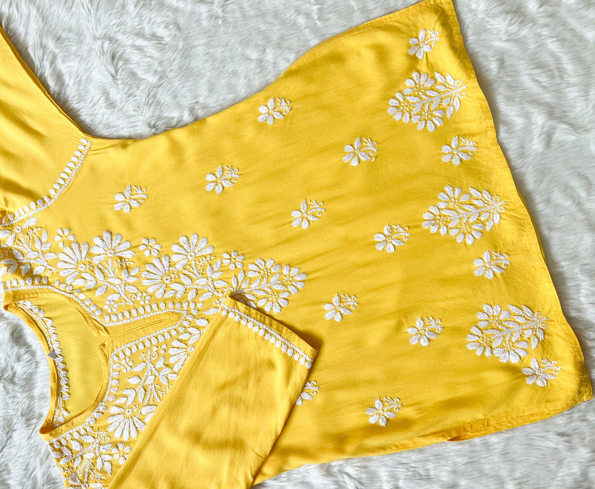 Yellow Short Rayon Kurta with White Chikankari