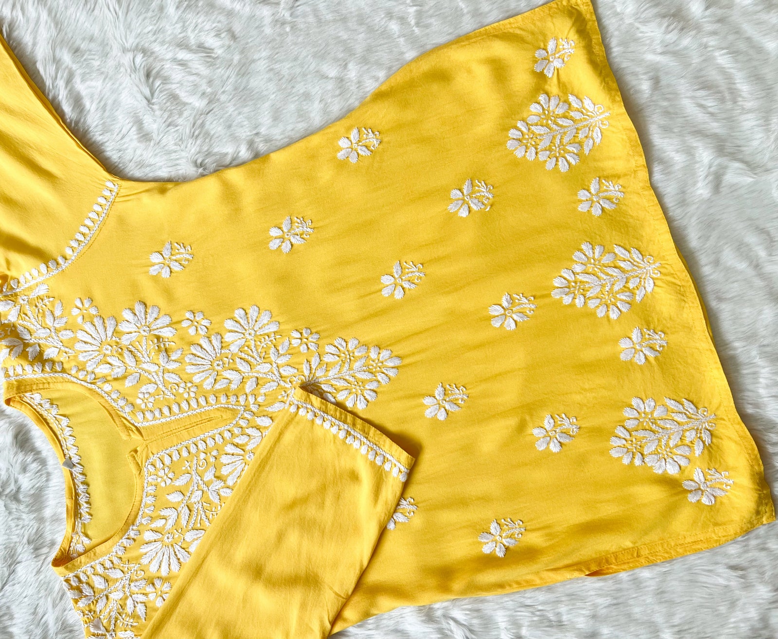 Yellow Short Rayon Kurta with White Chikankari