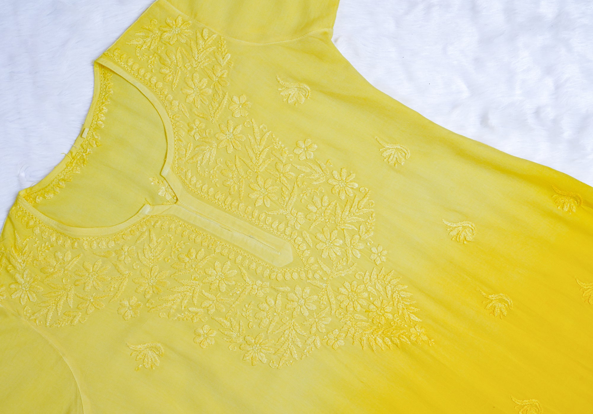 Yellow Ombre Long Rayon Chikankari