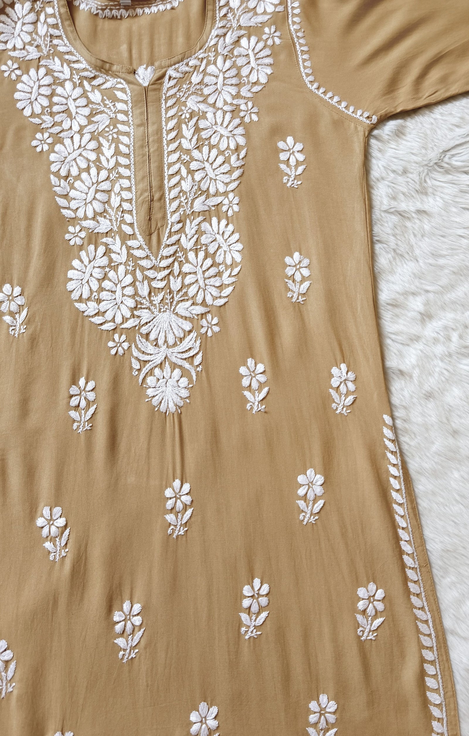 Zara Beige Long Rayon Kurta with White Chikankari