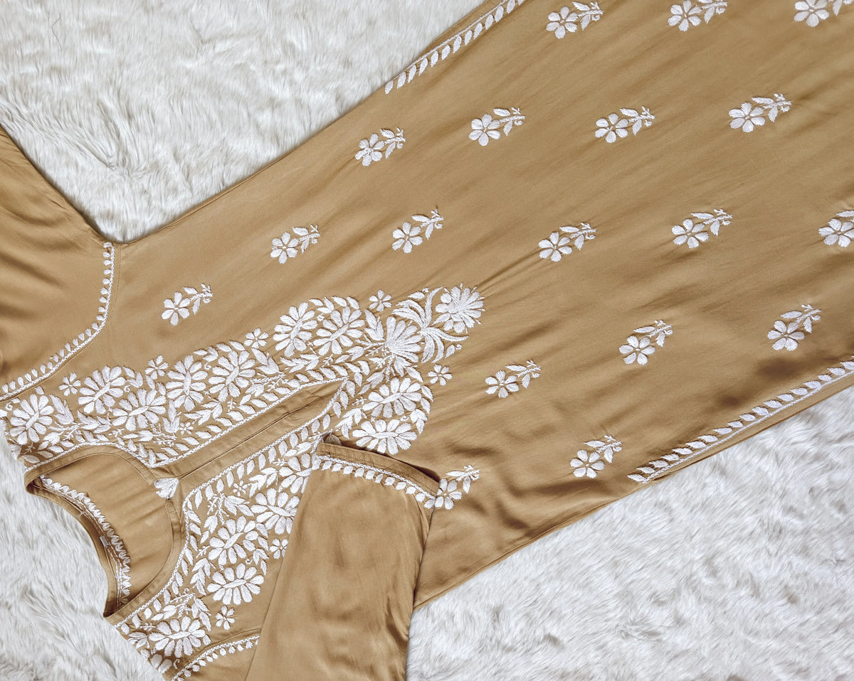 Zara Beige Long Rayon Kurta with White Chikankari