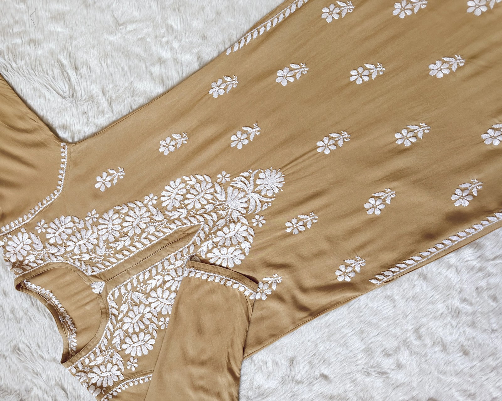 Zara Beige Long Rayon Kurta with White Chikankari