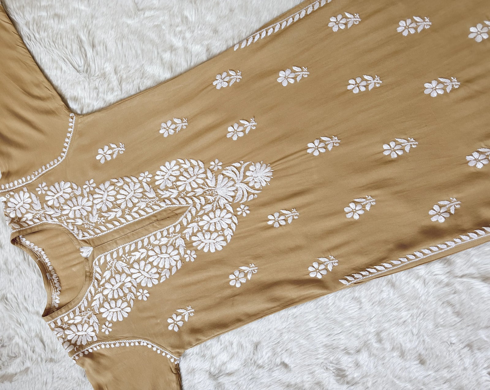 Zara Beige Long Rayon Kurta with White Chikankari