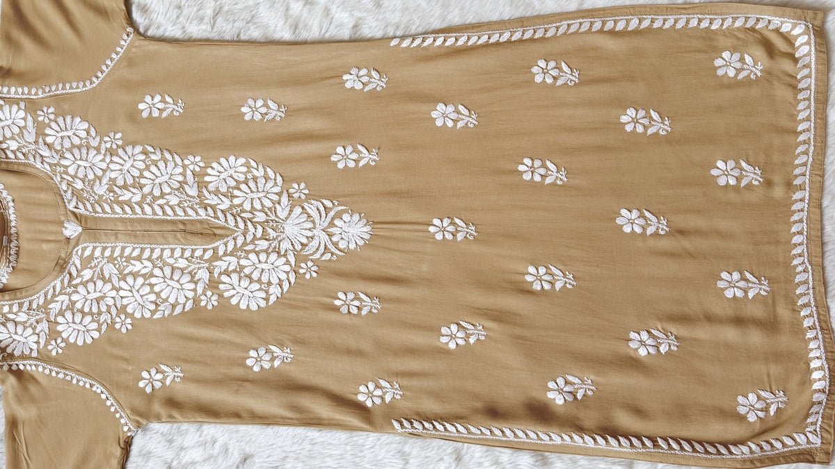 Zara Beige Long Rayon Kurta with White Chikankari