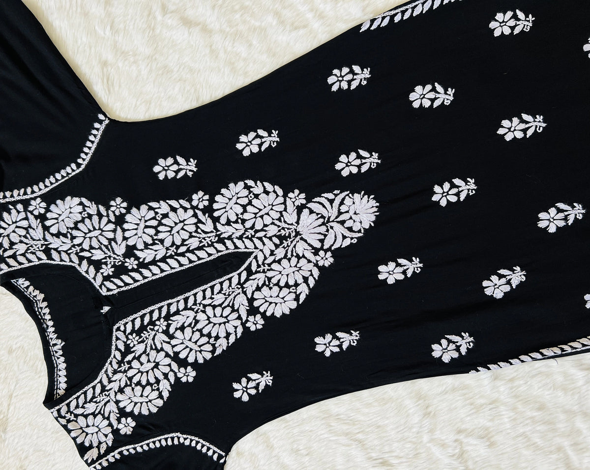 Zara Black Long Rayon Kurta with White Chikankari
