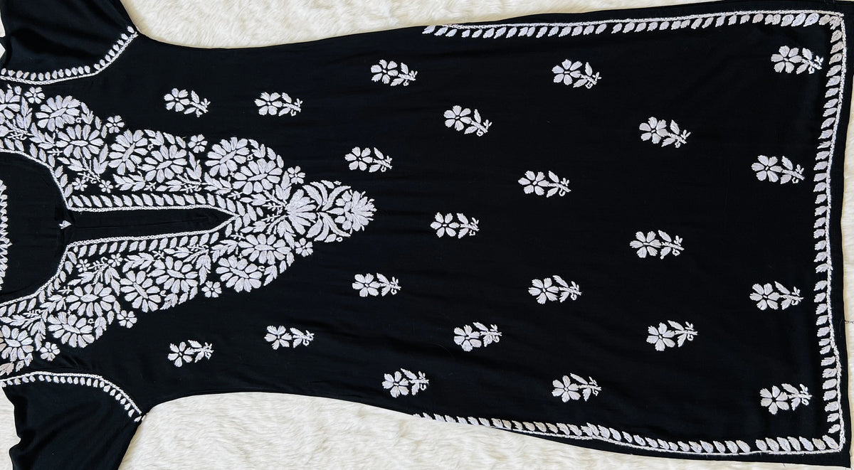 Zara Black Long Rayon Kurta with White Chikankari