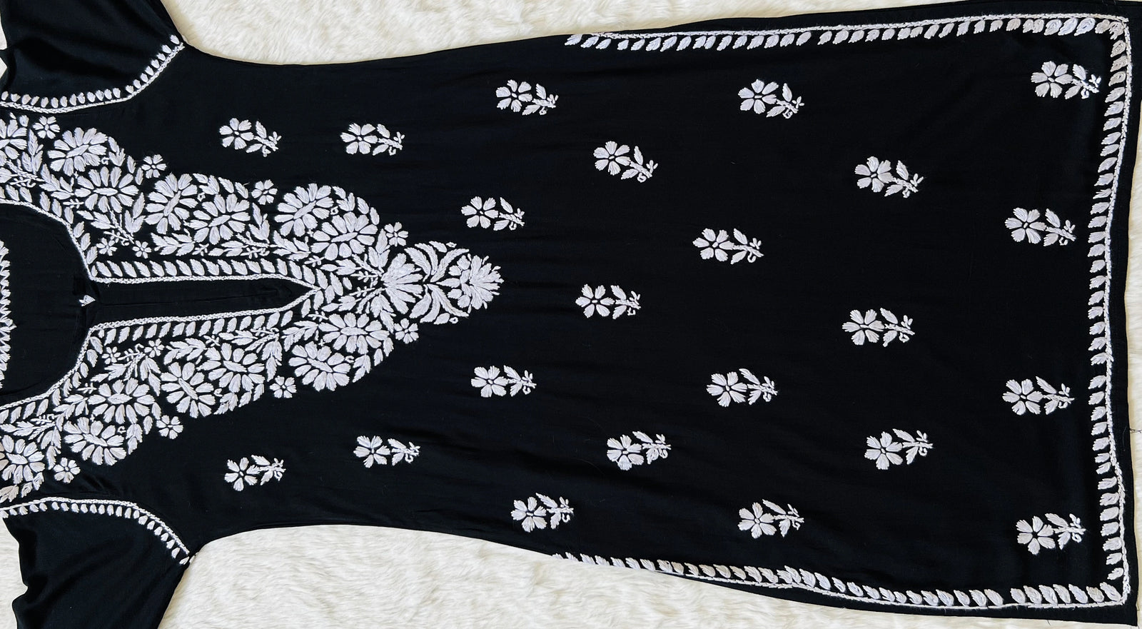 Zara Black Long Rayon Kurta with White Chikankari