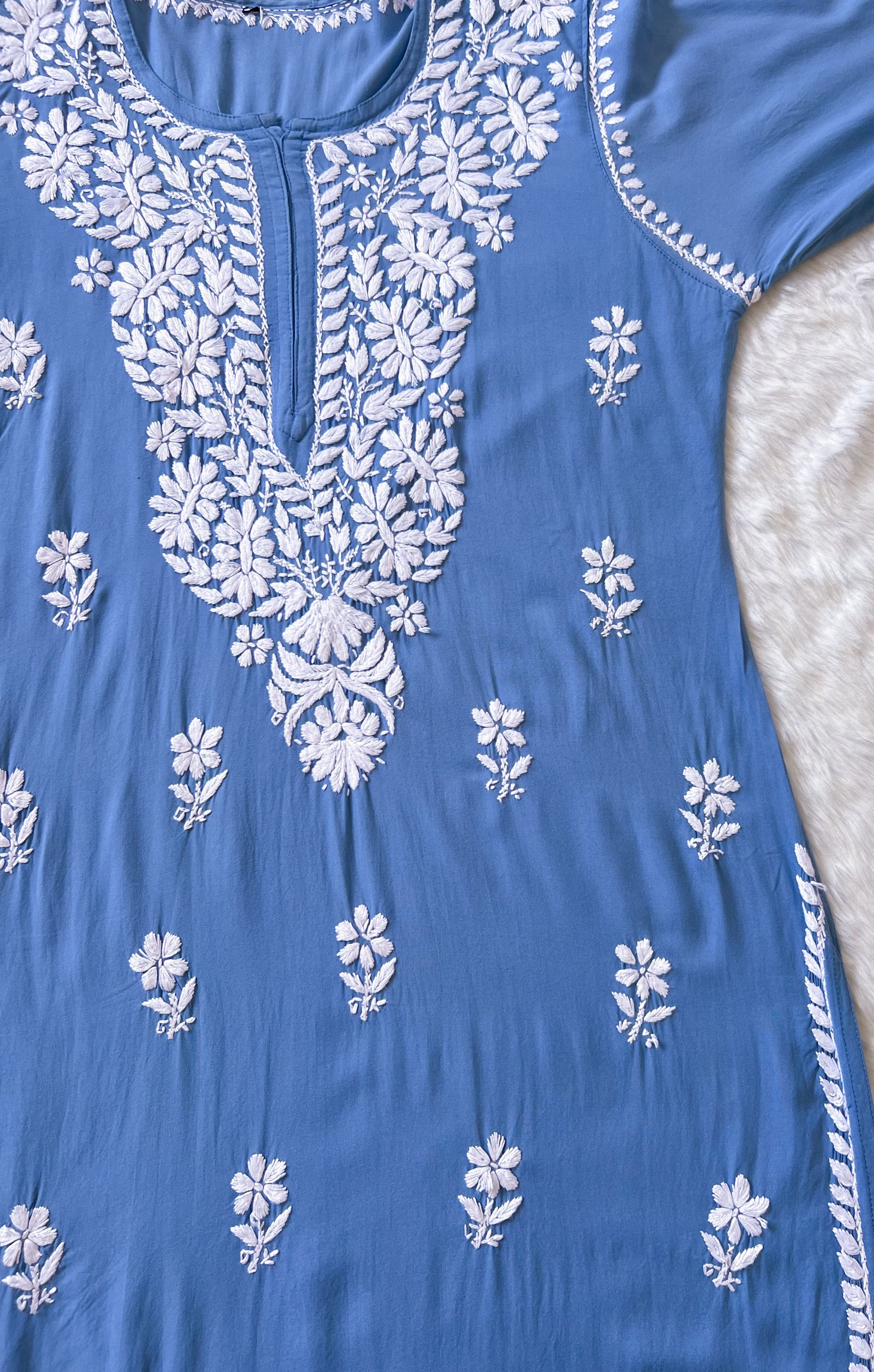 Zara Blue Long Rayon Kurta with White Chikankari