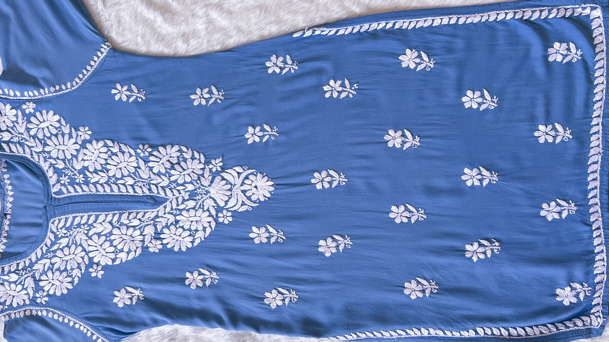 Zara Blue Long Rayon Kurta with White Chikankari