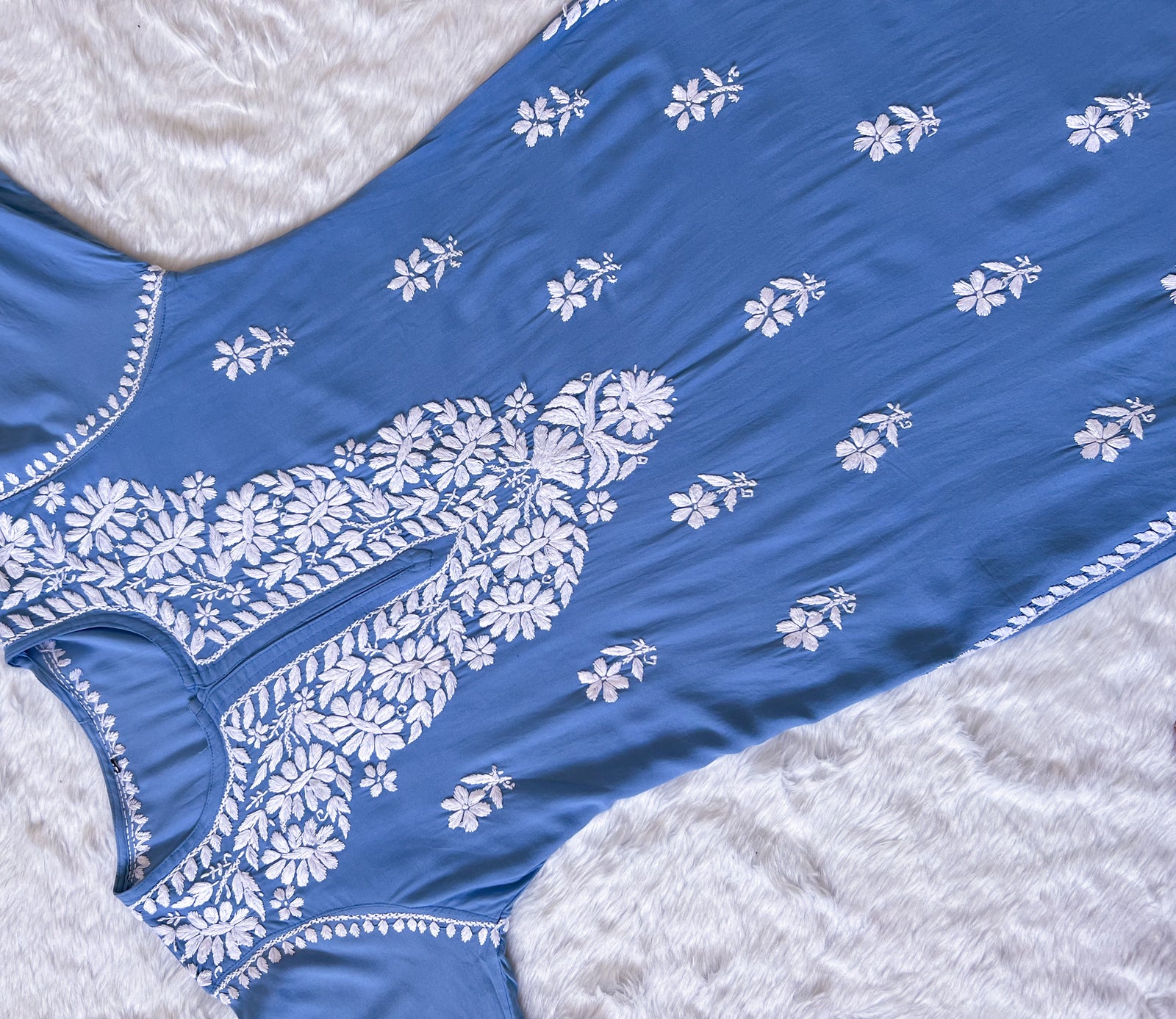 Zara Blue Long Rayon Kurta with White Chikankari