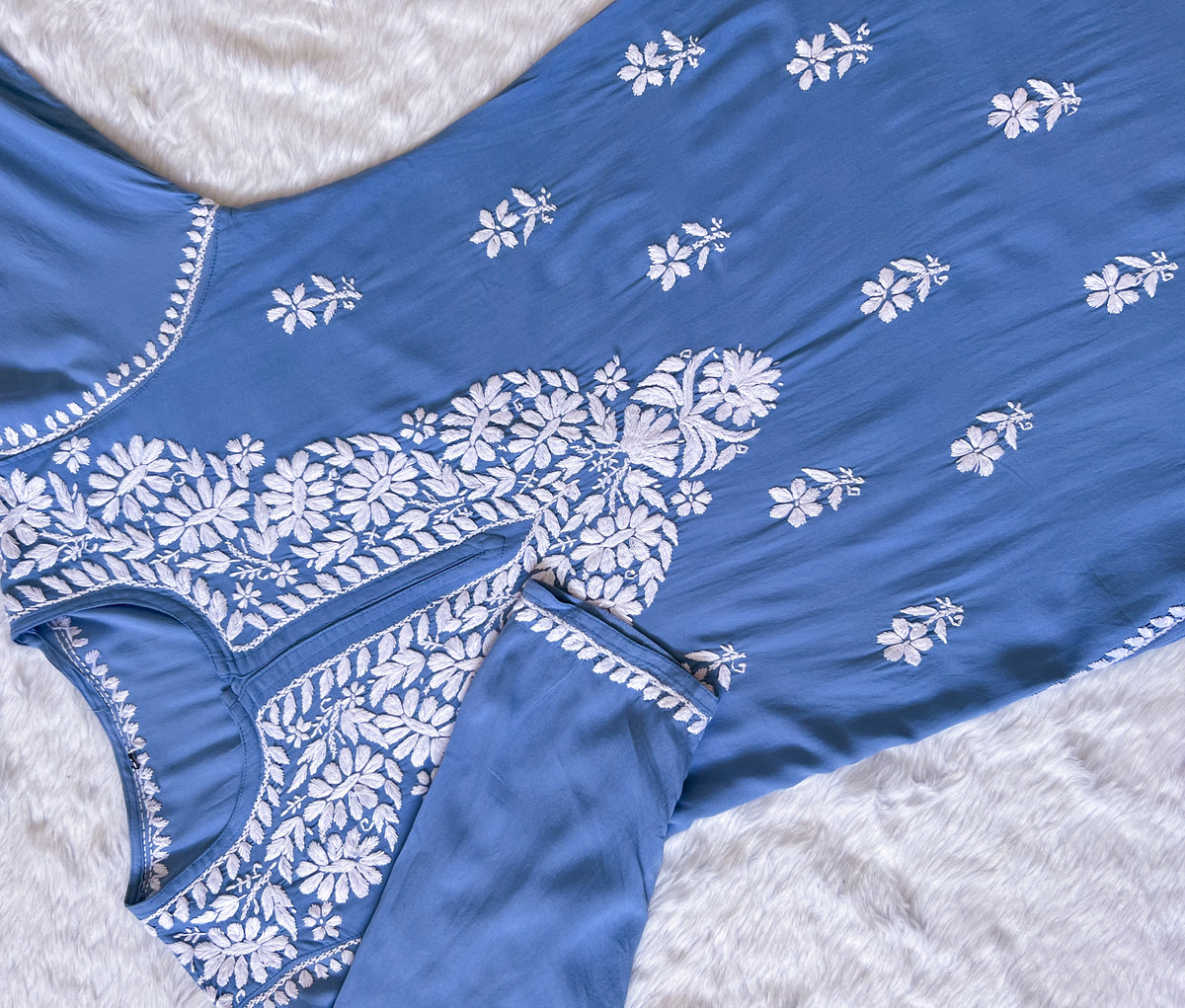 Zara Blue Long Rayon Kurta with White Chikankari