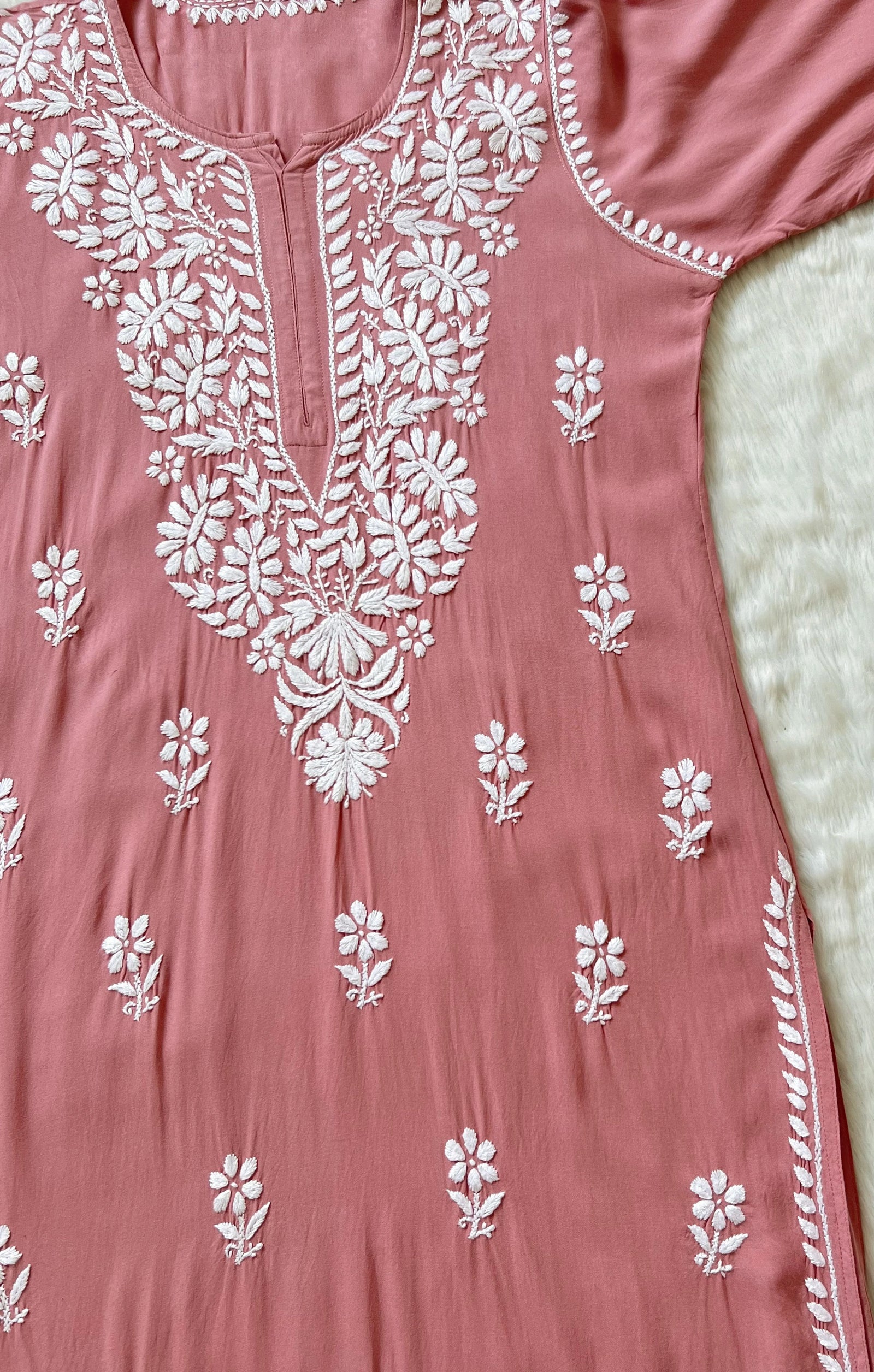 Zara Blush Pink Long Rayon Kurta with White Chikankari