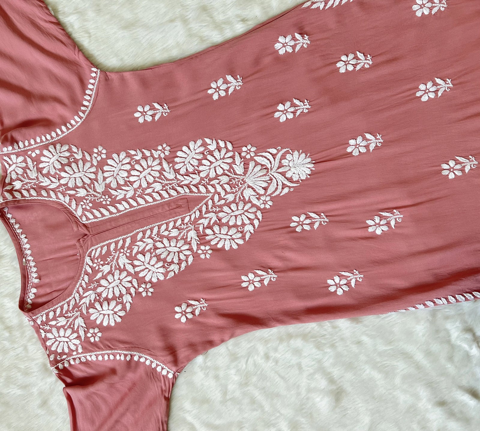 Zara Blush Pink Long Rayon Kurta with White Chikankari