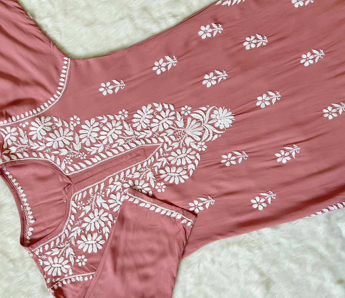 Zara Blush Pink Long Rayon Kurta with White Chikankari