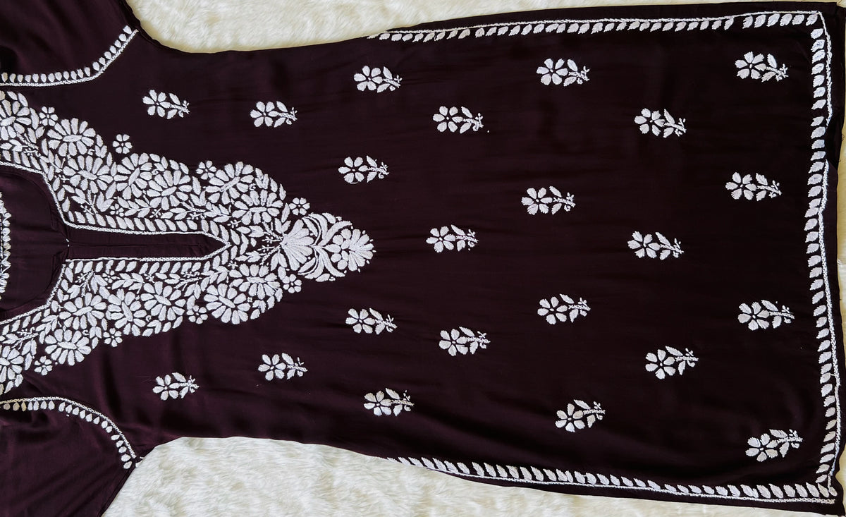 Zara Chocolate Brown Long Rayon Kurta with White Chikankari