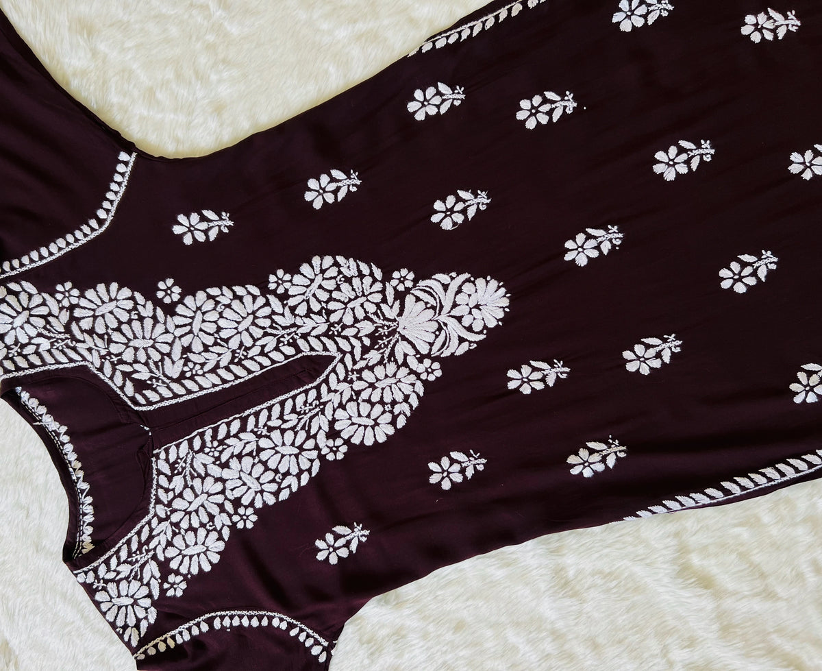 Zara Chocolate Brown Long Rayon Kurta with White Chikankari