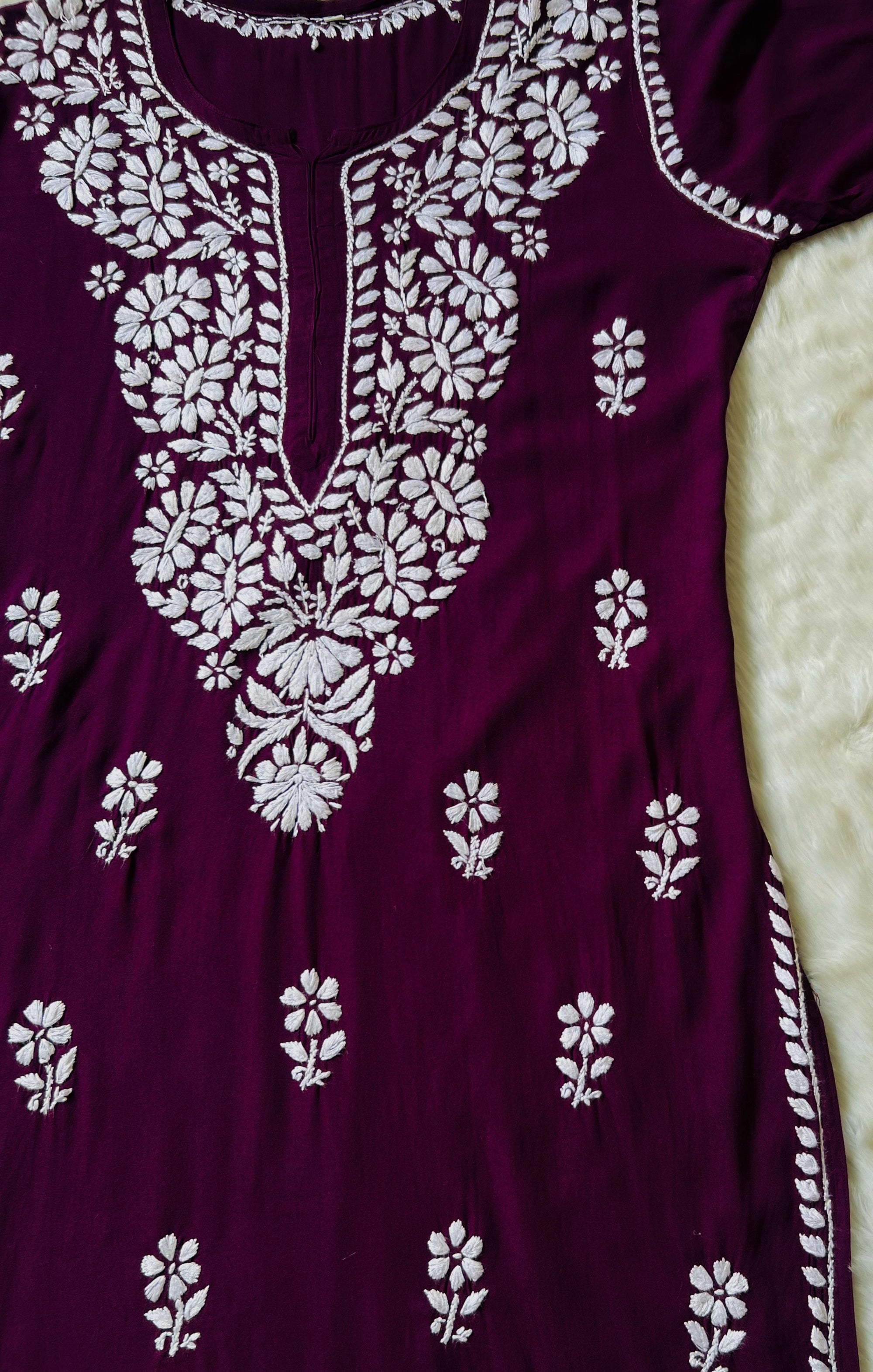 Zara Dark Purple Long Rayon Kurta with White Chikankari