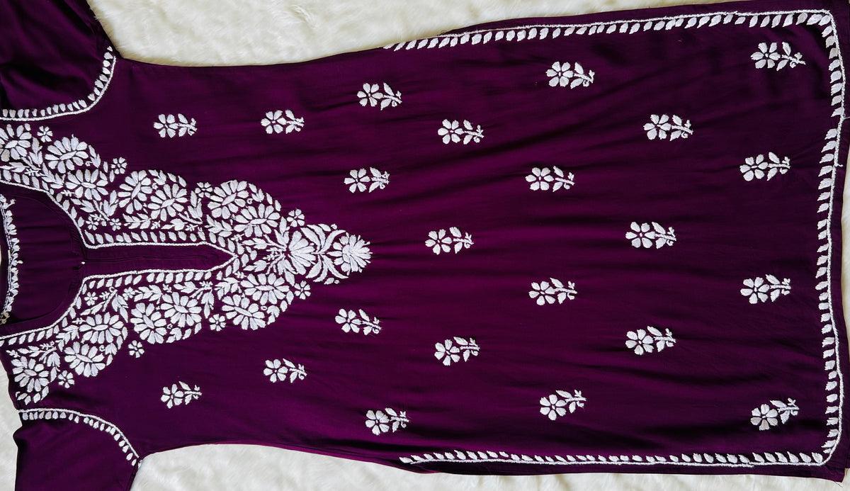 Zara Dark Purple Long Rayon Kurta with White Chikankari