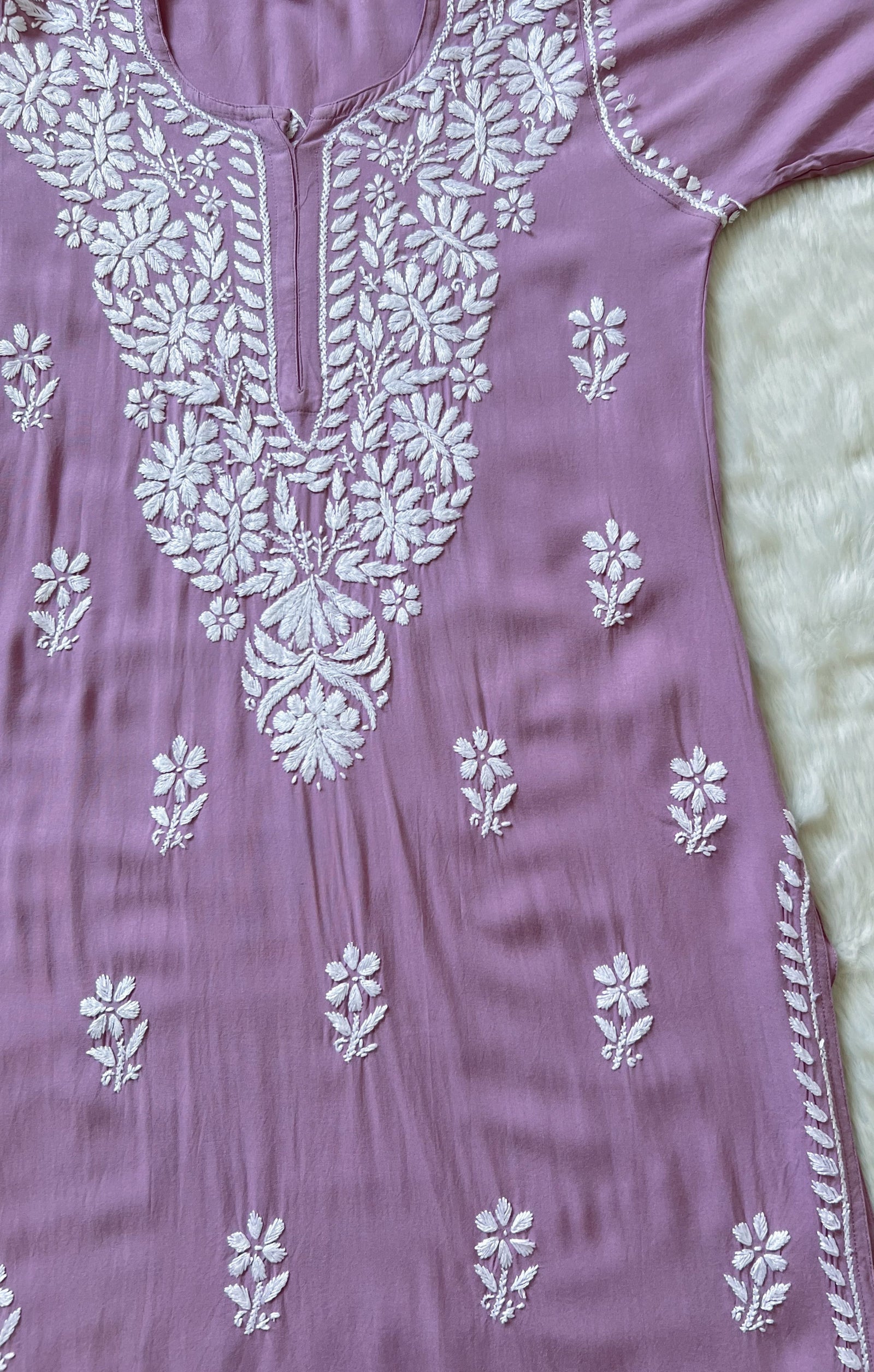 Zara Dusky Lilac Long Rayon Kurta with White Chikankari