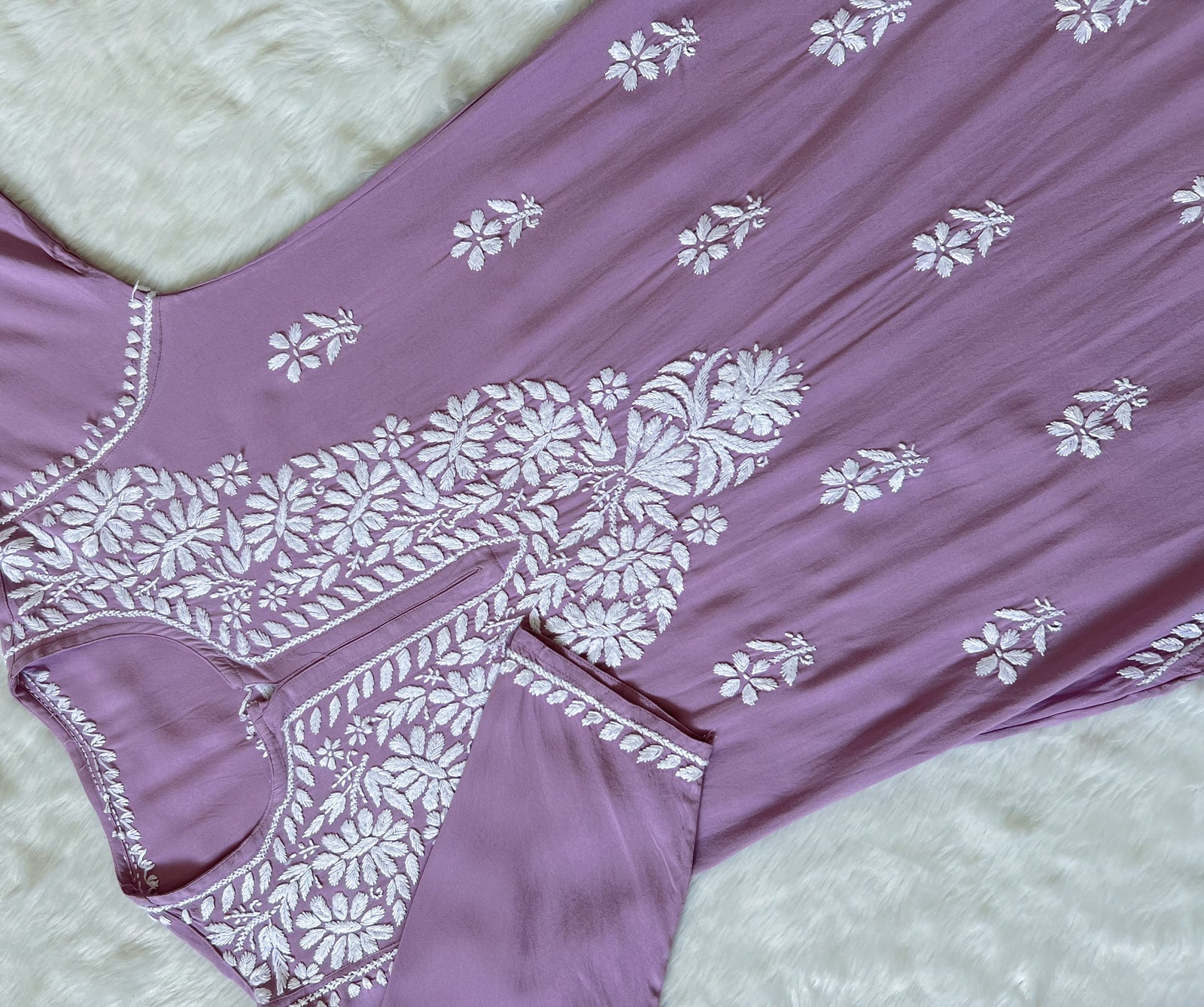 Zara Dusky Lilac Long Rayon Kurta with White Chikankari